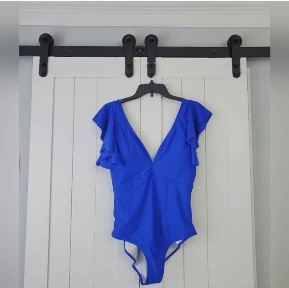 Binlowis Blue Ruffled Sleeves One Piece Swimsuit. NEW!